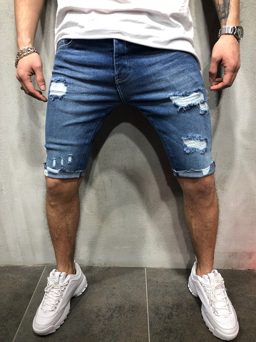 Denim shorts with slim holes and slim men's shorts