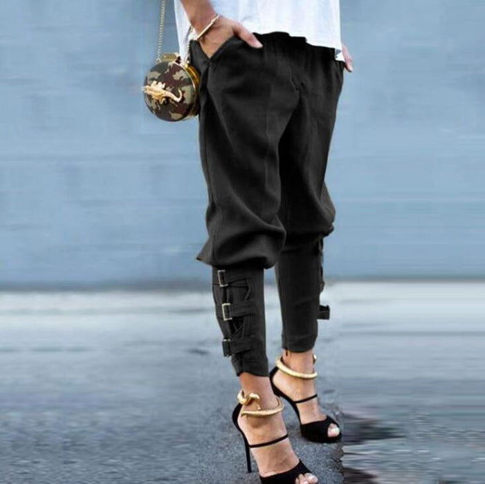 Women's solid color casual strap trousers pants pants