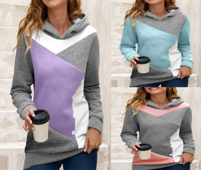 Casual Loose Hooded Color Contrast Women's Sweater Fleece Shirt