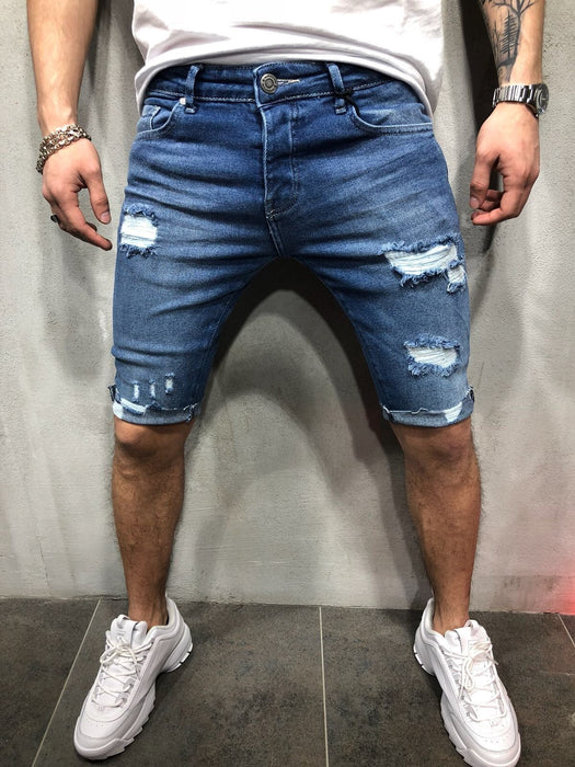 Denim shorts with slim holes and slim men's shorts