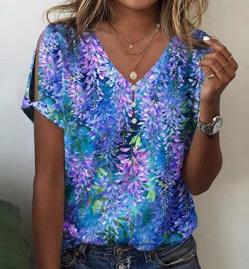 Flower Series 3D Printed V-neck Button T-shirt Top