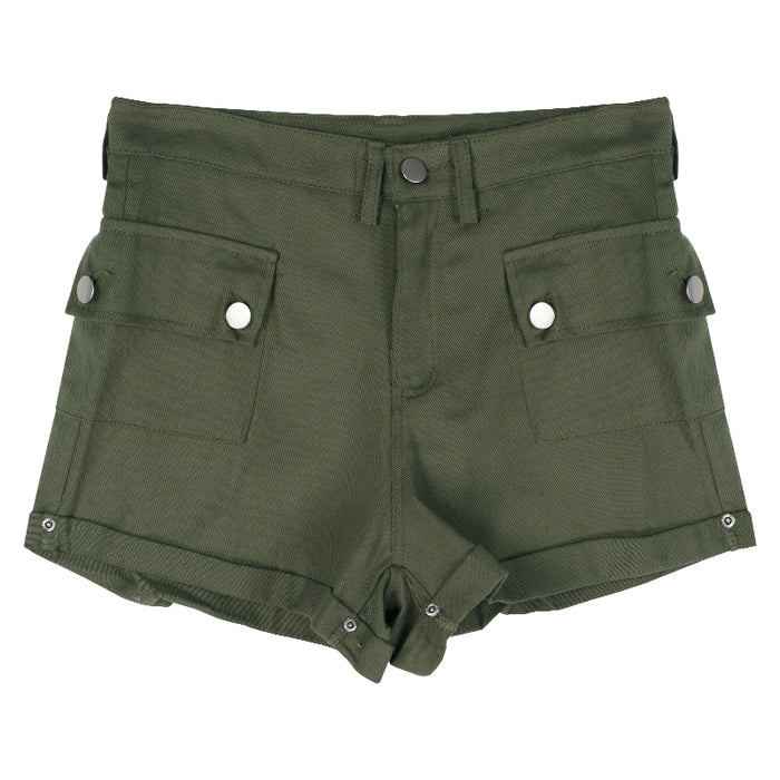 Women's Khaki Rolled Cargo Denim Shorts