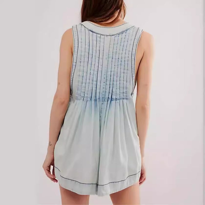 Sleeveless Denim Pleated One-piece Shorts