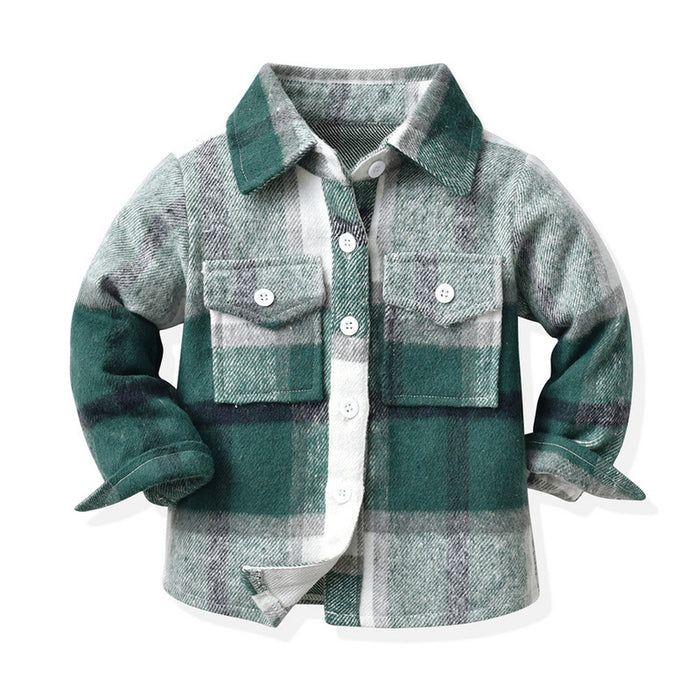 Children's Neutral Plaid Lapel Brushed Long Sleeve Top