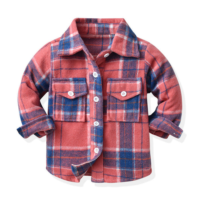 Children's Neutral Plaid Lapel Brushed Long Sleeve Top