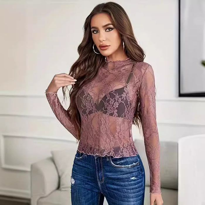 Women's Lace Blouse Long Sleeve Transparent Shirt