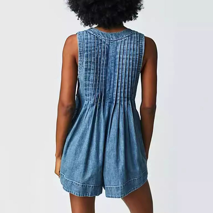 Sleeveless Denim Pleated One-piece Shorts