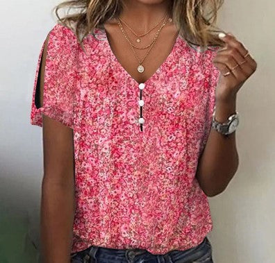 Flower Series 3D Printed V-neck Button T-shirt Top