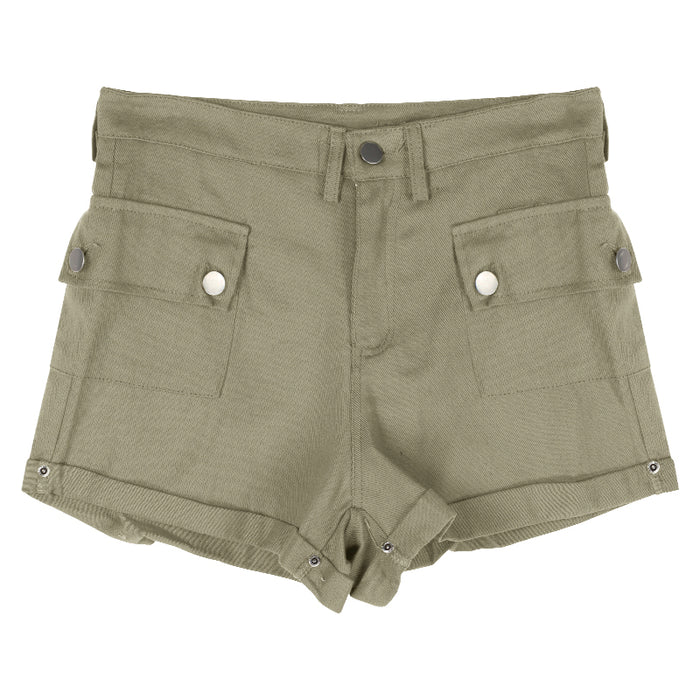 Women's Khaki Rolled Cargo Denim Shorts